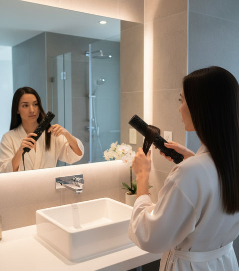 Persona alisando el cabello con la plancha y rizador LUUM frente al espejo