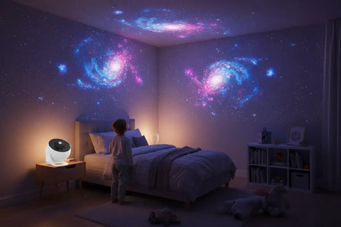 Proyector Galaxy LED 3D proyectando galaxia azul y rosa en techo y paredes