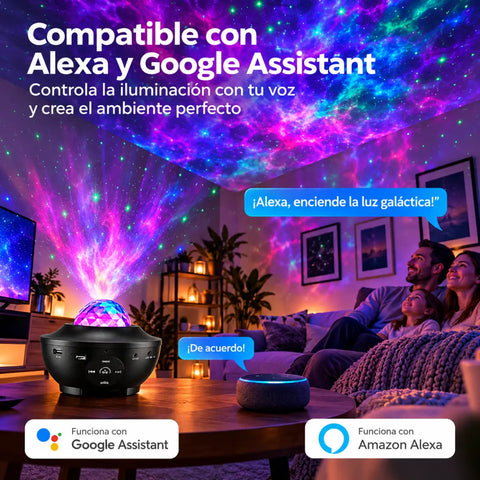 Proyector galaxy led wifi negro con cima de cristal facetado multicolor que proyecta luces vibrantes de galaxia