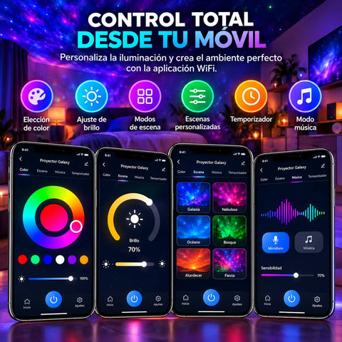 Smartphone con la app proyector galaxy para controlar proyector galaxy led wifi con modos de color escena timer y música