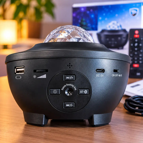 Proyector galaxy led wifi negro con domo de cristal facetado para efecto nebulosa y estrellas con app integrada