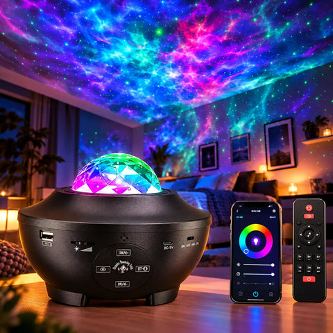 Proyector galaxy led wifi con domo cristal multicolor facetado para efecto nebulosa y estrellas en negro
