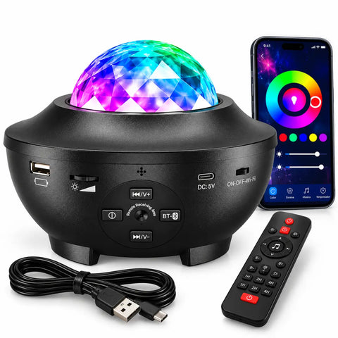 Proyector galaxy led negro con domo multifacético multicolor y botones para conectividad wifi y bluetooth