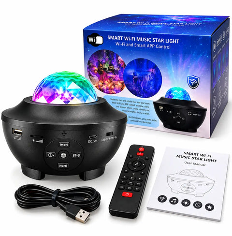Proyector galaxy led wifi esférico negro con cúpula facetada colorida que proyecta efecto nebulosa y estrellas dinámicas