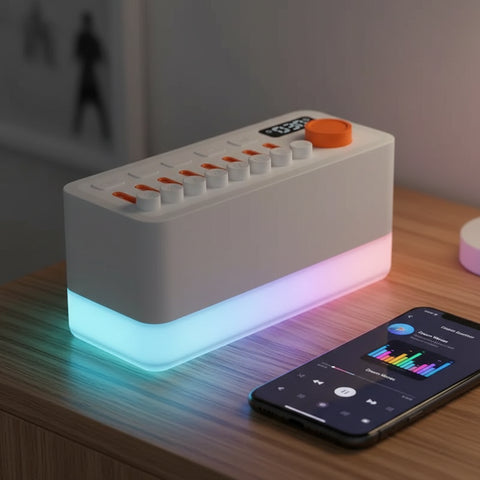 Altavoz Bluetooth Sleep Speaker emitiendo luz RGB suave junto a un smartphone