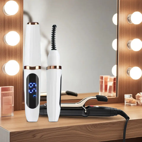 Rizador de Pestañas Recargable con Calor, diseño en blanco y dorado, con pantalla digital y tecnología electrónica para un curvado natural perfecto