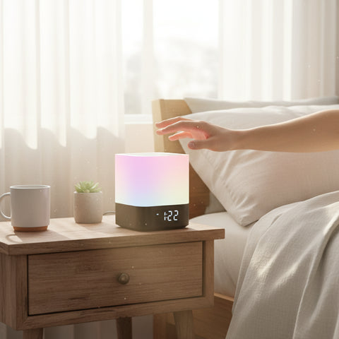 SmartGlow en mesita de noche como lámpara y despertador
