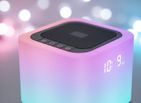 Altavoz bluetooth con luz táctil multicolor, diseño en negro y púrpura con funda de silicona