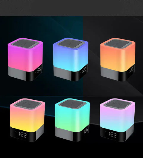Altavoz Bluetooth con luz táctil multicolor, reloj digital y diseño de larga duración