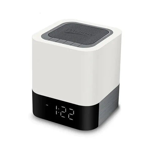 Imagen de un altavoz bluetooth moderno con luz táctil y alarma digital de larga duración
