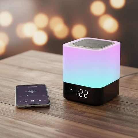 Altavoz Bluetooth 5-en-1 con luz táctil multicolor, reloj digital y larga duración