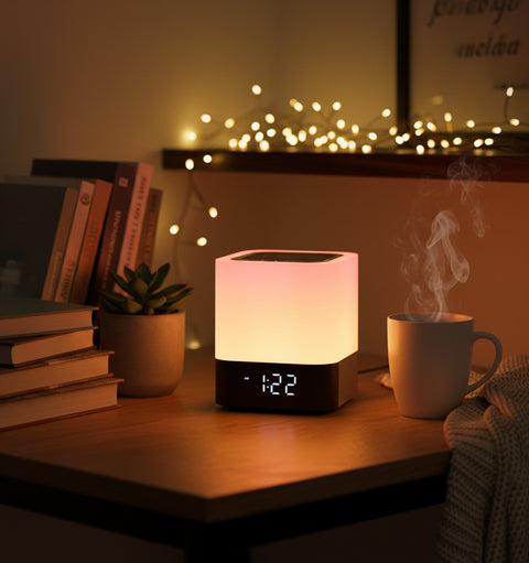 Altavoz Bluetooth con luz táctil multicolor, duración larga y reloj digital