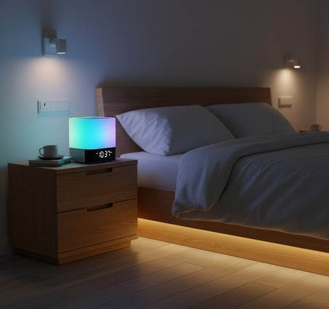 Altavoz Bluetooth con luz táctil y reloj digital en color blanco y negro