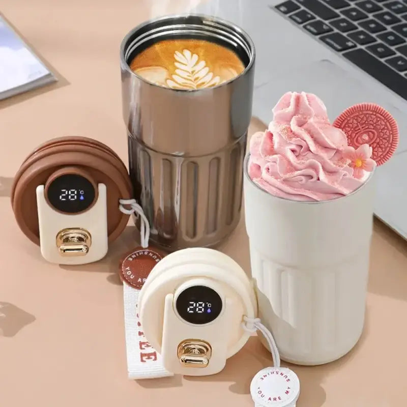 Taza Inteligente blanca con helado y Acero Inoxidable 316 cafe