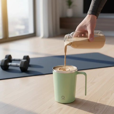 Taza mezcladora automática verde clara con borde y asa plateados y botón de encendido