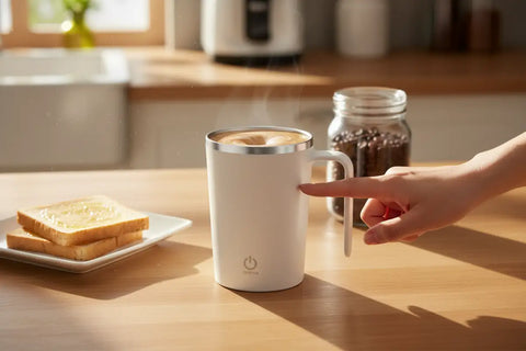 Taza mezcladora automática blanca en encimera de cocina moderna