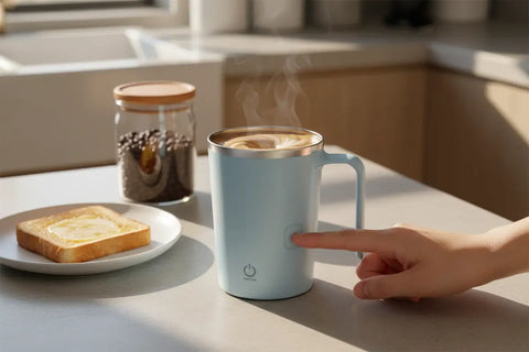 Taza mezcladora automática azul clara con borde y asa plateados y botón de encendido