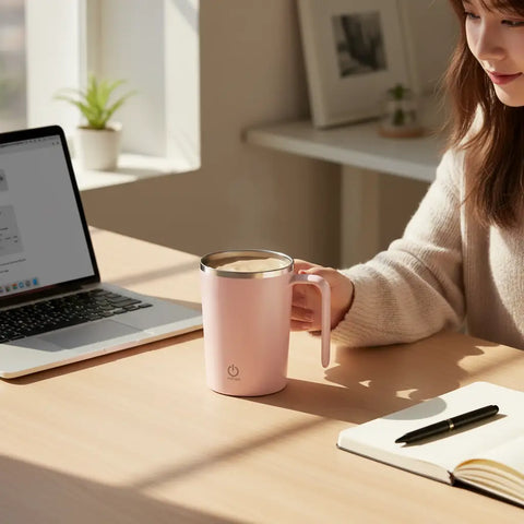 Taza mezcladora automática rosa pastel en escritorio de oficina con portátil