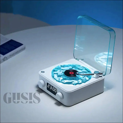 Reloj de tocadiscos retro blanco con efecto líquido azul, tocadiscos bluetooth