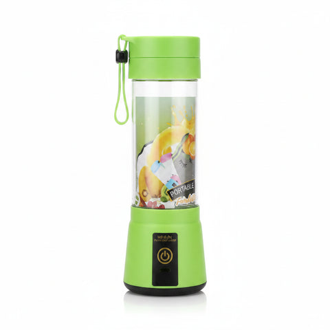 Green usb rechargeable portable blender with transparent body and cartoon character design for fruit juices