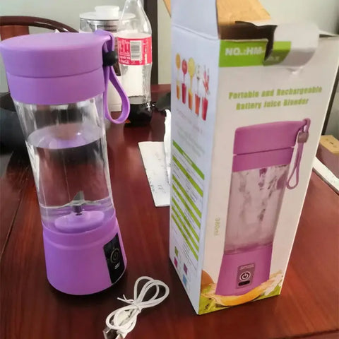 Portable blender usb rechargeable color púrpura con vaso de vidrio transparente y tapa con correa para jugos de fruta