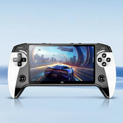 Consola de juegos portátil X9 blanca y negra con pantalla HD de 5.5 pulgadas y botones para juego y video mp4